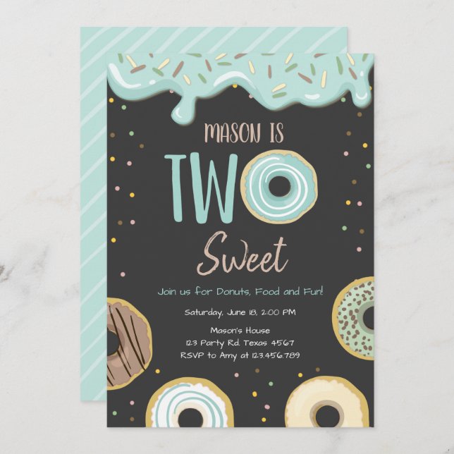Doughnut Two Sweet Blue Pastel Second Birthday Par Invitation (Front/Back)