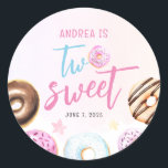 Doughnut Two Sweet Girl 2nd Birthday Classic Round Sticker<br><div class="desc">A cute and girly 2nd birthday stickers designed with watercolor doughnuts and calligraphic fonts with rainbow coloured background.</div>