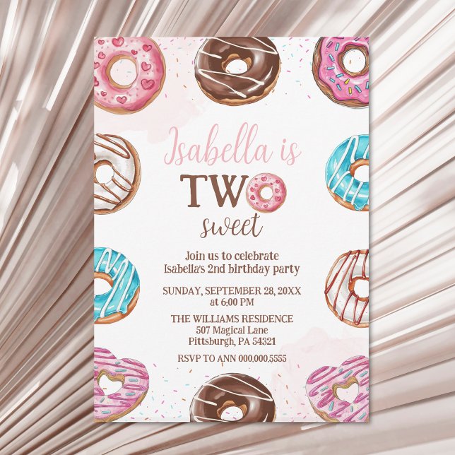 Doughnut Two Sweet Girl Sprinkles 2nd Birthday Invitation (Creator Uploaded)