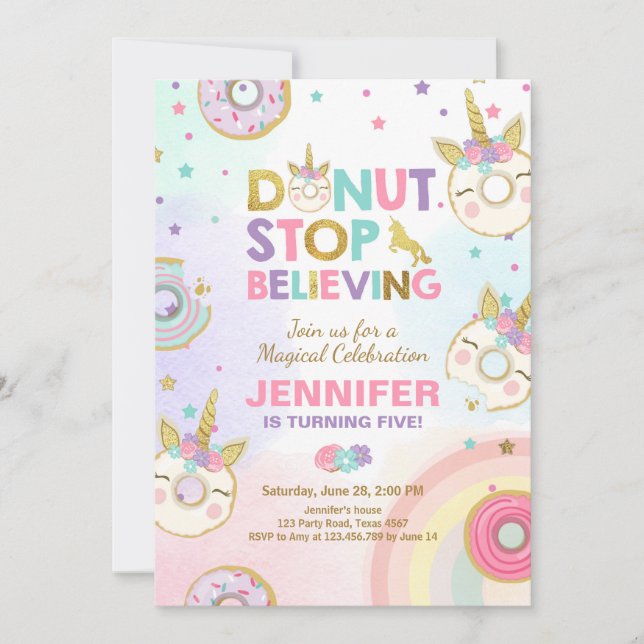Doughnut Unicorn Birthday Invitation Pink Gold Gir (Front)