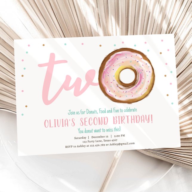 Doughnut Watercolor Two Sweet Girl Second Birthday Invitation (Creator Uploaded)