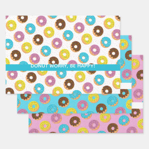 Doughnut worry be happy colourful fun word pun wrapping paper sheet