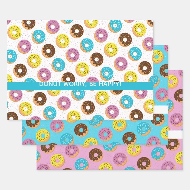 Doughnut worry be happy colourful fun word pun wrapping paper sheet (Set)