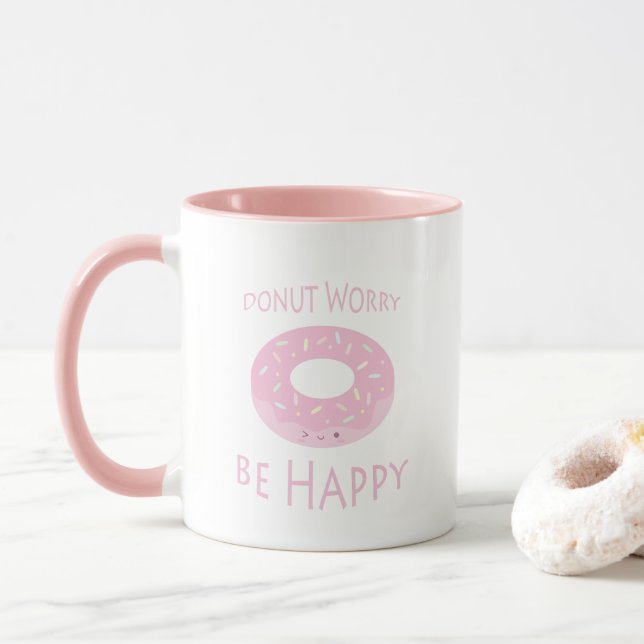 Doughnut Worry Be Happy Cute Pink Doughnut Food Hu Mug (With Donut)
