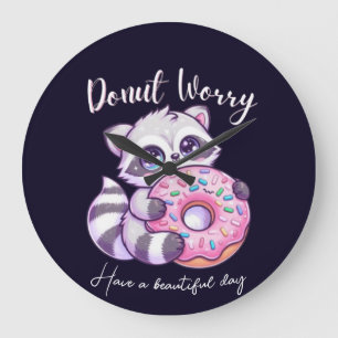 Doughnut Worry Cute Kawaii Raccoon Large Clock