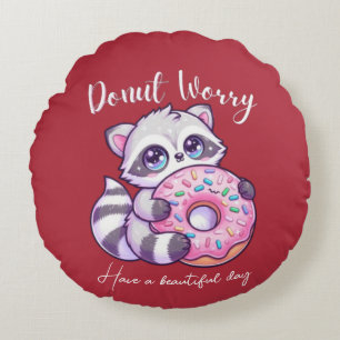 Doughnut Worry Cute Kawaii Raccoon Round Pillow