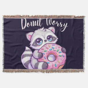 Doughnut Worry Cute Kawaii Raccoon Throw Blanket