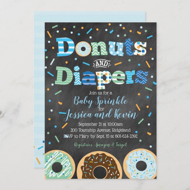 Doughnuts and Diapers Baby Boy Sprinkle Chalkboard Invitation (Front/Back)