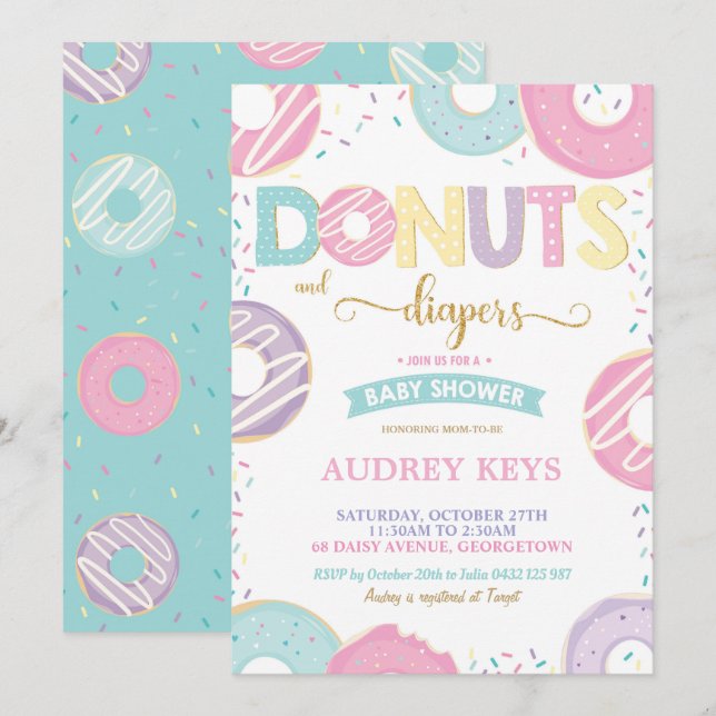 Doughnuts and Diapers Baby Girl Shower Doughnut Invitation (Front/Back)
