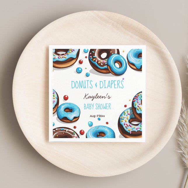 Doughnuts and diapers blue baby shower printed napkin (Donuts and diapers blue chocolate brown baby shower monogram printed napkins personalized table deco)