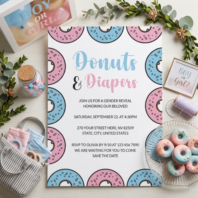 Doughnuts and Diapers Sprinkle Themed Gender Revea Invitation (Creator Uploaded)