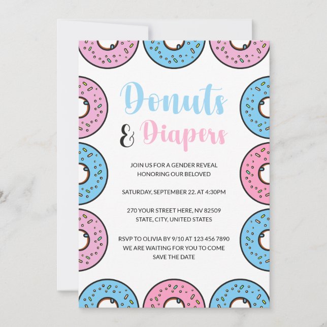 Doughnuts and Diapers Sprinkle Themed Gender Revea Invitation (Front)