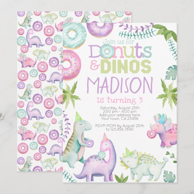Doughnuts and Dinos Invitation (Pink & Lavender) (Front/Back)