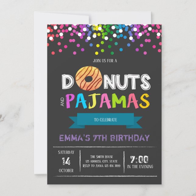 Doughnuts and pyjamas birthday invitation (Front)