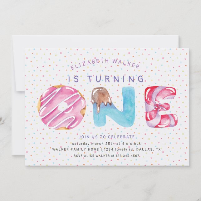 Doughnuts and Sprinkles first birthday invitation (Front)