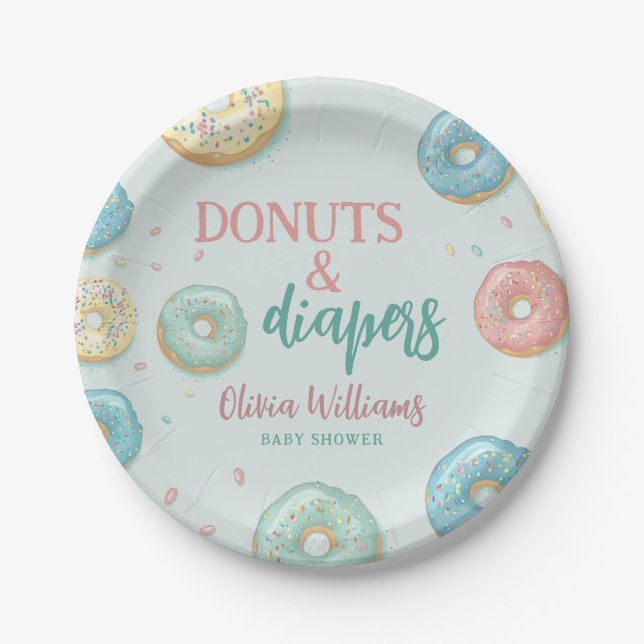 Doughnuts & Diapers Cute Mint Green Baby Shower Paper Plate (Front)
