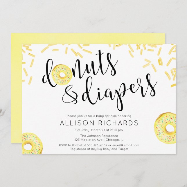 Doughnuts diapers gender neutral yellow baby sprin invitation (Front/Back)