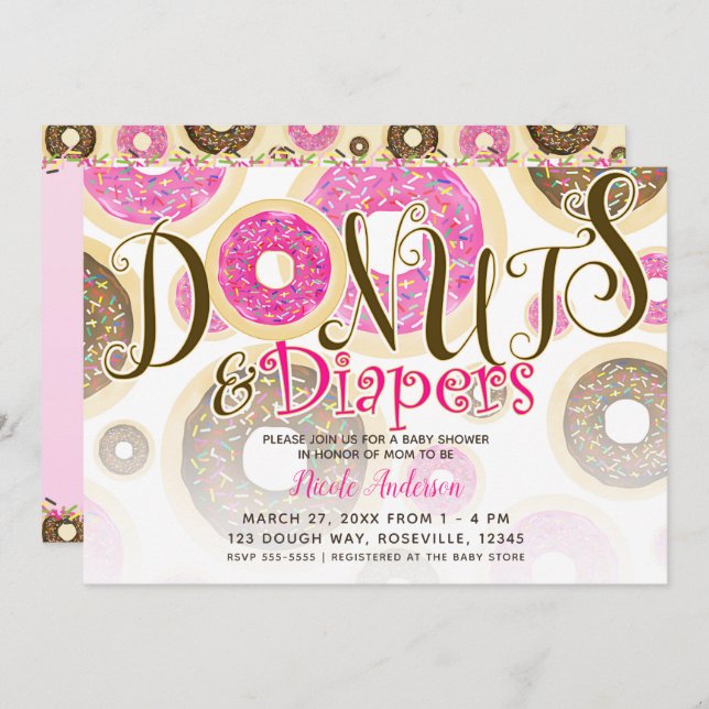 Doughnuts & Diapers Pink Sprinkles Baby Shower Invitation (Front/Back)