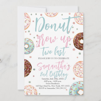 Doughnuts Grow Up Two Fast Watercolor Girl Birthda Invitation