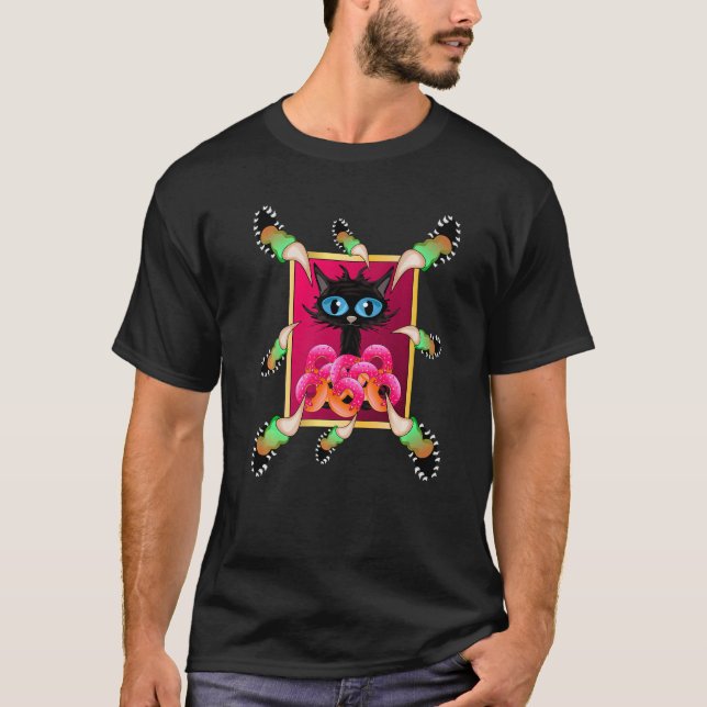 Doughnuts Long Finger Claws Cute Black Cat Kitten  T-Shirt (Front)