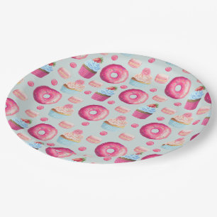 Doughnuts Macarons And Cupcake Pattern In Watercol Paper Plate