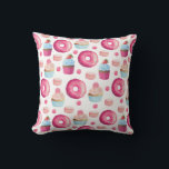 Doughnuts Macarons And Cupcake Pattern In Watercol Throw Pillow<br><div class="desc">A yummy pillow with a delicious pattern design. Glazed pink doughnuts with sprinkles. Mouth watering cupcakes in pink and blue with rosettes and strawberries on top. Some pastel pink french pastry macarons and little pink candy buttons also decorate this pattern full of sweet treats.</div>