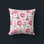 Doughnuts Macarons And Cupcake Pattern In Watercol Throw Pillow<br><div class="desc">A yummy pillow with a delicious pattern design. Glazed pink doughnuts with sprinkles. Mouth watering cupcakes in pink and blue with rosettes and strawberries on top. Some pastel pink french pastry macarons and little pink candy buttons also decorate this pattern full of sweet treats.</div>