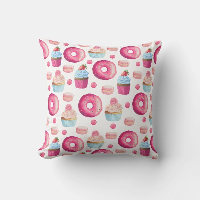 Doughnuts Macarons And Cupcake Pattern In Watercol Throw Pillow (Front)