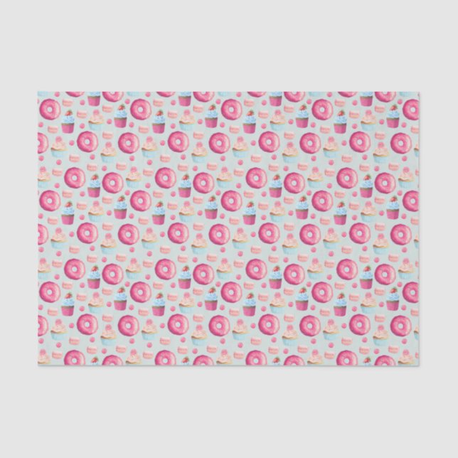 Doughnuts Macarons And Cupcake Pattern In Watercol Tissue Paper (Front)