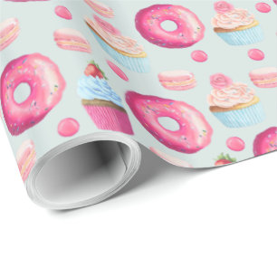 Doughnuts Macarons And Cupcake Pattern In Watercol Wrapping Paper