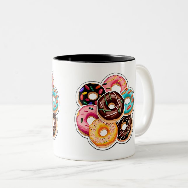 Doughnuts Sticker Art Two-Tone Mug, 11 oz  Coffee Mug (Front Right)