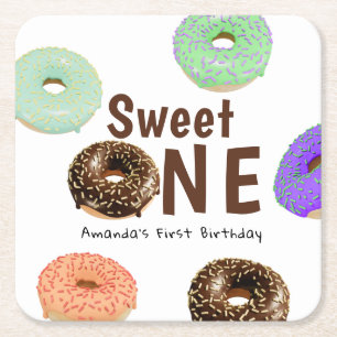 Doughnuts Sweet One 1st Birthday Square Paper Coaster