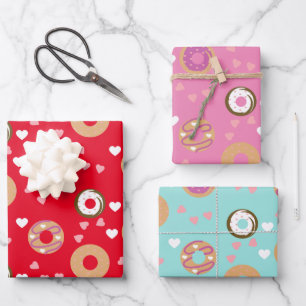 Doughnuts Valentine's Day Hearts Red Pink Teal Wrapping Paper Sheet