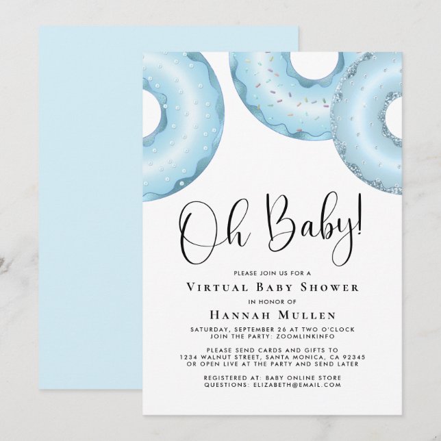 Doughnuts Virtual Baby Shower Blue Invitation (Front/Back)
