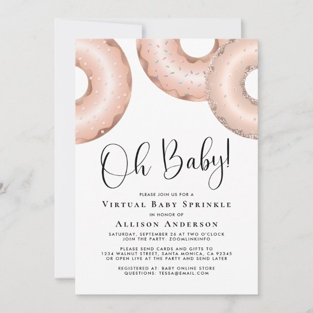 Doughnuts Virtual Baby Sprinkle Rose Gold Invitati Invitation (Front)