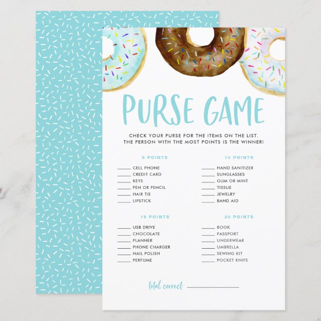 Doughnuts What's In Your Purse Baby Shower Game (Front/Back)