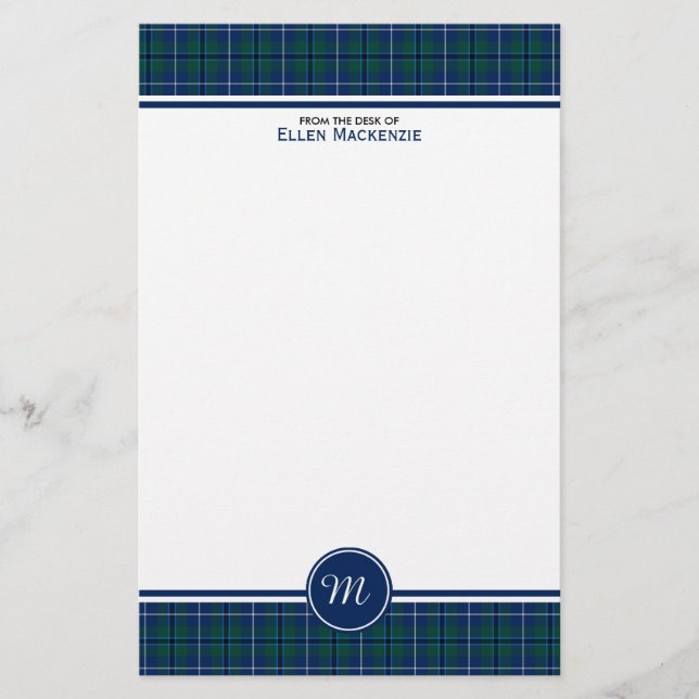 Douglas Clan Dark Blue Modern Tartan Monogram Stationery (Front)