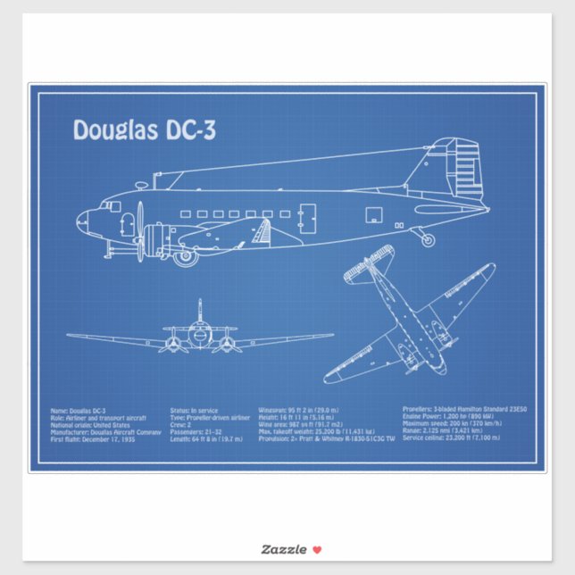 Douglas DC-3 - Airplane Blueprint Drawing Plans AD (Sheet)