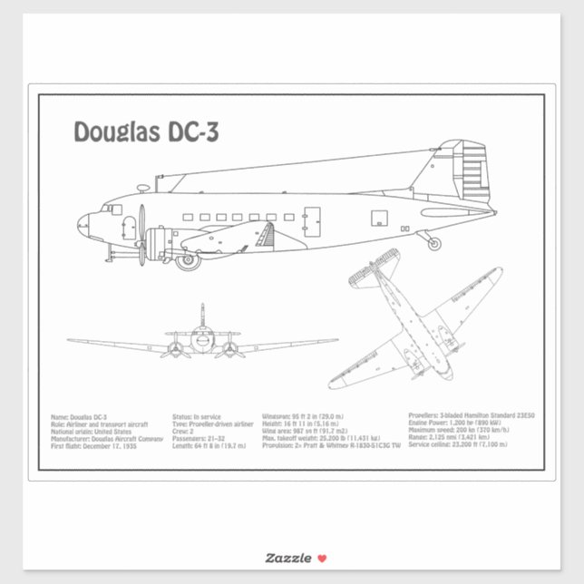 Douglas DC-3 - Airplane Blueprint Drawing Plans BD (Sheet)