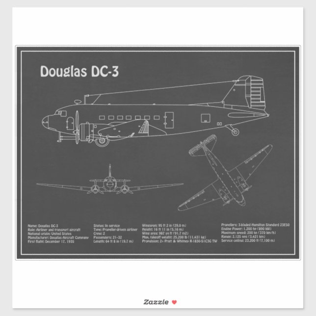 Douglas DC-3 - Airplane Blueprint Drawing Plans PD (Sheet)