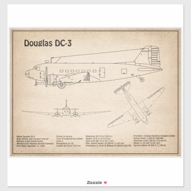 Douglas DC-3 - Airplane Blueprint Drawing Plans SD (Sheet)