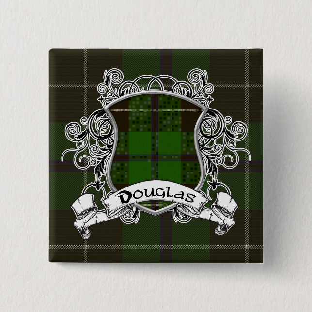 Douglas Tartan Shield 2 Inch Square Button (Front)