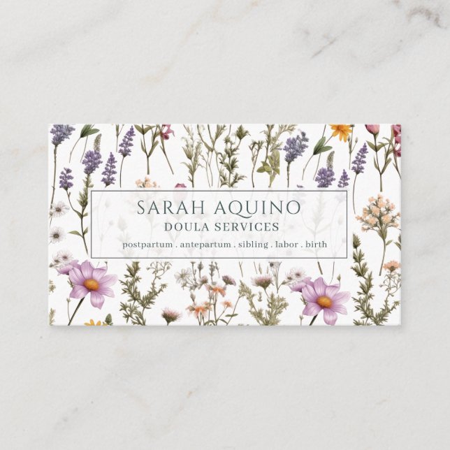 Doula Floral Wildflowers Pattern Business Card (Front)