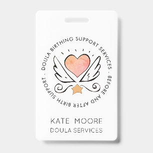 Doula Or Midwife Heart With Wings Name White Badge