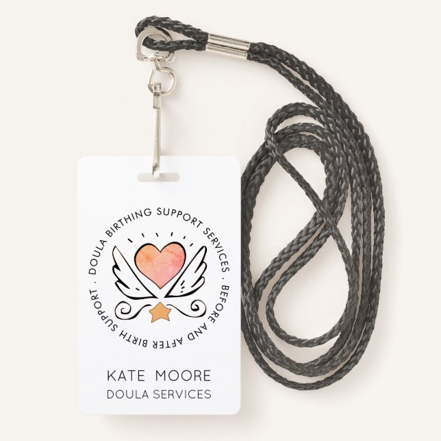 Doula Or Midwife Heart With Wings Name White Badge (Front with Lanyard)