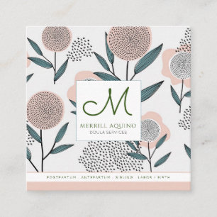 Doula Services Hand Drawn Floral With Monogram Square Business Card