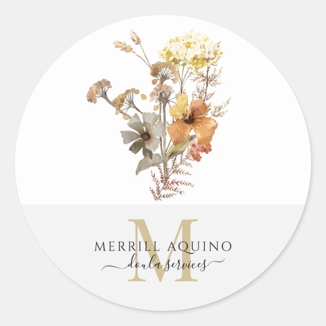 Doula Services Monogram Watercolor Floral  Classic Round Sticker (Front)