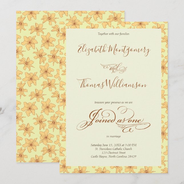 Doux Jaune main tiré Faire-part de mariage floral (Devant / Derrière)