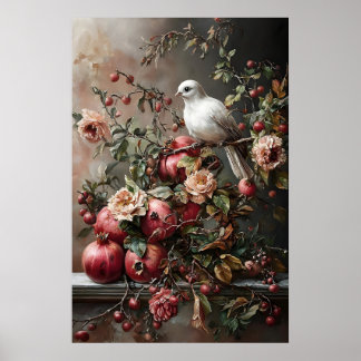 Dove And Pomegranate Art Print, Dark Cottagecore Poster