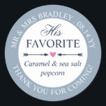 Dove Blue Heart Arrows His Favourite Wedding Favou Classic Round Sticker<br><div class="desc">Personalized his favourite wedding candy stickers for your wedding treat bags you'll give to your guests as a thanks for attending your wedding! In curved text against a dusty blue border, add your names, wedding date, and a thank you. Write the type of treat the bag or package contains. The...</div>